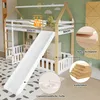 A children's loft bed with a slide, shown in a room setting with decorative elements and product feature callouts. Produktbild-Vorschau
