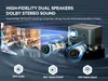 A marketing image for a projector, showing a band playing music on one side and a projector with sound waves emanating from it on the other. Icons representing audio features are at the bottom. Anteprima dell’immagine prodotto