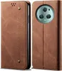 A brown leather flip case for a smartphone, shown open and closed. Produktbild-Vorschau