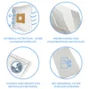 A collage of four circular diagrams illustrating features of vacuum cleaner bags. Produktbild-Vorschau