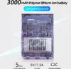 The back of a transparent purple handheld game console is shown, highlighting its battery and charging specifications. Produktbild-Vorschau
