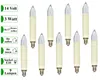 A collection of nine candle-shaped light bulbs with cream-colored bases and clear glass tops, arranged in rows against a white background. Text labels are present on the left side of the image. Produktbild-Vorschau