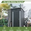 A garden shed is shown in different weather conditions, with icons and text highlighting its features. Produktbild-Vorschau