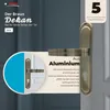 A marketing image showcasing a bronze-colored door handle set with text describing its features and brand. Produktbild-Vorschau