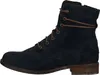 A side view of a navy blue suede lace-up boot with brown laces and a brown sole. Podgląd zdjęcia produktu