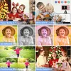 Collage of images showcasing a pink digital camera and its features, including family use, filters, and live streaming. Produktbild-Vorschau