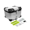 A silver motorcycle top case with black accents and its accessories laid out on a white background. Produktbild-Vorschau