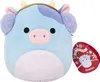 A plush toy cow with blue and purple patches, wearing a gold headband. Náhľad obrázku produktu