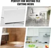 A collage of four images showing different applications of tile cutting, including a close-up of blank cards, a modern kitchen, a bathroom shower, and another kitchen scene. Anteprima dell’immagine prodotto