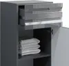 A close-up view of a gray cabinet with two drawers open and a stack of folded white towels on a shelf. Náhľad obrázku produktu