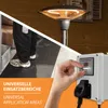 A collage showing a patio heater, a person's legs, and a power regulator with a hand adjusting a dial. Produktbild-Vorschau