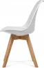 A side view of a white chair with wooden legs against a white background. Produktbild-Vorschau
