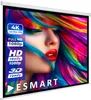 A projection screen displaying a colorful image of a woman's face with vibrant, abstract hair. Text overlays highlight resolution and features. Produktbild-Vorschau
