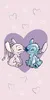 Two cartoon characters, Stitch and Angel, are shown kissing in front of a large purple heart. The background is a light pink with scattered white stars and light blue hearts. Produktbild-Vorschau