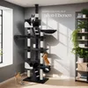 A multi-level cat tree with two cats interacting with it, set in a well-lit room with plants on a shelf in the background. Náhled obrázku produktu