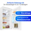 An open refrigerator with food items inside, highlighting its storage features. Produktbild-Vorschau