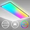 A rectangular LED panel light with a gradient of colors, mounted on a white ceiling. Below the light are three circular icons with text and graphics. Produktbild-Vorschau