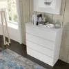 A white chest of drawers is placed in a room with wooden walls and a blue and gray rug on the floor. Produktbild-Vorschau