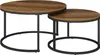 Two nesting coffee tables with round wooden tops and black metal frames are shown against a white background.