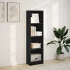 A black bookshelf filled with books and decorative items, placed against a white wall with natural light casting shadows. Podgląd zdjęcia produktu