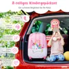 A child is sitting in the trunk of a car with a pink unicorn suitcase. Produktbild-Vorschau