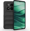 A black smartphone case is shown next to a smartphone with a green abstract wallpaper. Produktbild-Vorschau