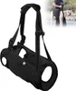 A black dog support harness is shown in the foreground, with a smaller inset image of a person using a similar harness to help a dog walk. Produktbild-Vorschau