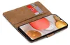 A brown book-style phone case with two credit cards inserted, showing a smartphone screen displaying abstract colorful shapes. Anteprima dell’immagine prodotto