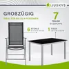 A marketing image showcasing a garden furniture set with a table and chairs, highlighting its dimensions and capacity. Produktbild-Vorschau