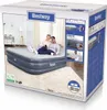 A product box for an inflatable mattress showing the mattress with people lying on it, along with illustrative diagrams of its features. Podgląd zdjęcia produktu