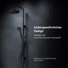 A black shower system is displayed against a dark, textured wall, with marketing text overlayed. Produktbild-Vorschau