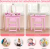 A collage showing a pink children's vanity table and desk set with a stool, featuring two different configurations and illustrations of children using it for different activities. Náhľad obrázku produktu