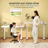A woman and a child are shown using adjustable standing desks in a home office setting. Produktbild-Vorschau