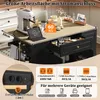 A kitchen island with a coffee maker, tablet, and various jars on top, with dimensions and features highlighted. Voir les images du produit