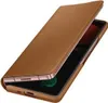 A brown leather flip case for a Samsung Galaxy Z Fold3 is shown against a white background. Produktbild-Vorschau