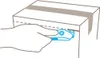 A hand is shown using a blue utility knife to cut open a cardboard box. Produktbild-Vorschau