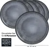 A set of six dinner plates with a speckled gray and black finish, stacked and partially overlapping. Text and a logo are present in the lower left corner, and a size indicator is at the bottom. Produktbild-Vorschau