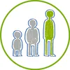 Three stylized figures of varying heights, representing growth or different age groups, are depicted within a green circle. Produktbild-Vorschau