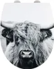 A black and white close-up image of a Highland cow's face printed on a toilet seat. Produktbild-Vorschau