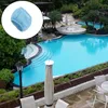 A close-up of a blue mesh filter cover is shown in the upper left corner, superimposed over a vibrant blue swimming pool with lounge chairs and umbrellas visible in the background. Produktbild-Vorschau