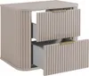 A beige matte wooden cabinet with two drawers, one of which is partially open, revealing a gray interior. The cabinet has gold handles and a fluted design on the drawer fronts and sides. Náhled obrázku produktu