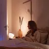 A woman is sitting in bed next to a bedside table with a lamp and a vase of dried flowers. Produktbild-Vorschau