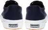 The back view of two navy blue Superga sneakers with white soles and branding. Produktbild-Vorschau