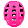 A top-down view of a pink children's bicycle helmet with white star and flower decorations. Náhľad obrázku produktu