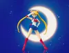 A Sailor Moon action figure posed in front of a crescent moon and starry background. Produktbild-Vorschau