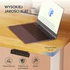 A laptop is placed on a wooden desk with a control panel underneath. Icons indicating features are at the bottom. Podgląd zdjęcia produktu