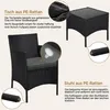 A black PE rattan garden furniture set consisting of a table and two chairs, with close-up details of features. Produktbild-Vorschau