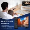 A father and daughter are watching TV, with a remote control and a TV screen shown in the foreground. Produktbild-Vorschau