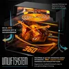 A roasted chicken inside an air fryer, with arrows indicating airflow and text describing features. Produktbild-Vorschau