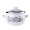 A white enamel pot with a floral design and a glass lid, isolated on a white background. Produktbild-Vorschau